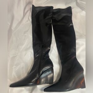 Black thigh high wedge heel boots size 8 1/2 Brand New